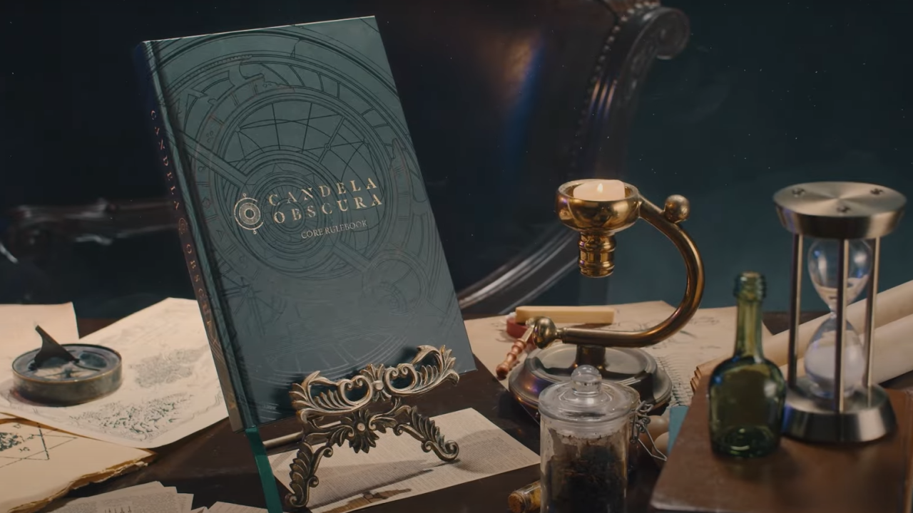 A book, labeled Candela Obscura, sits in a stand among various detective implements, including an hourglass and magnifying glass, on a wooden table.