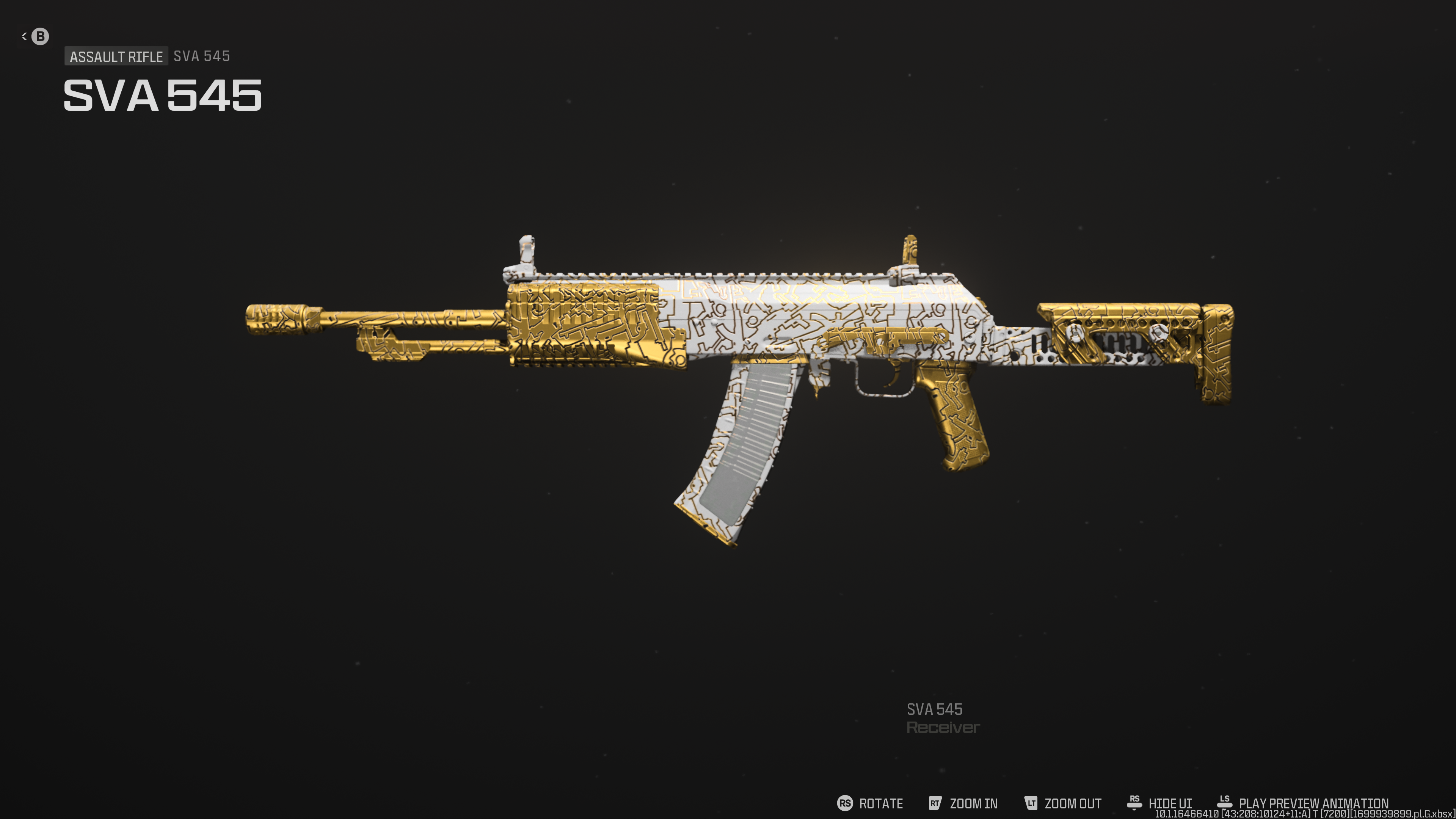 A screenshot of the SVA 545 in MW3 showing a gold and white camo.