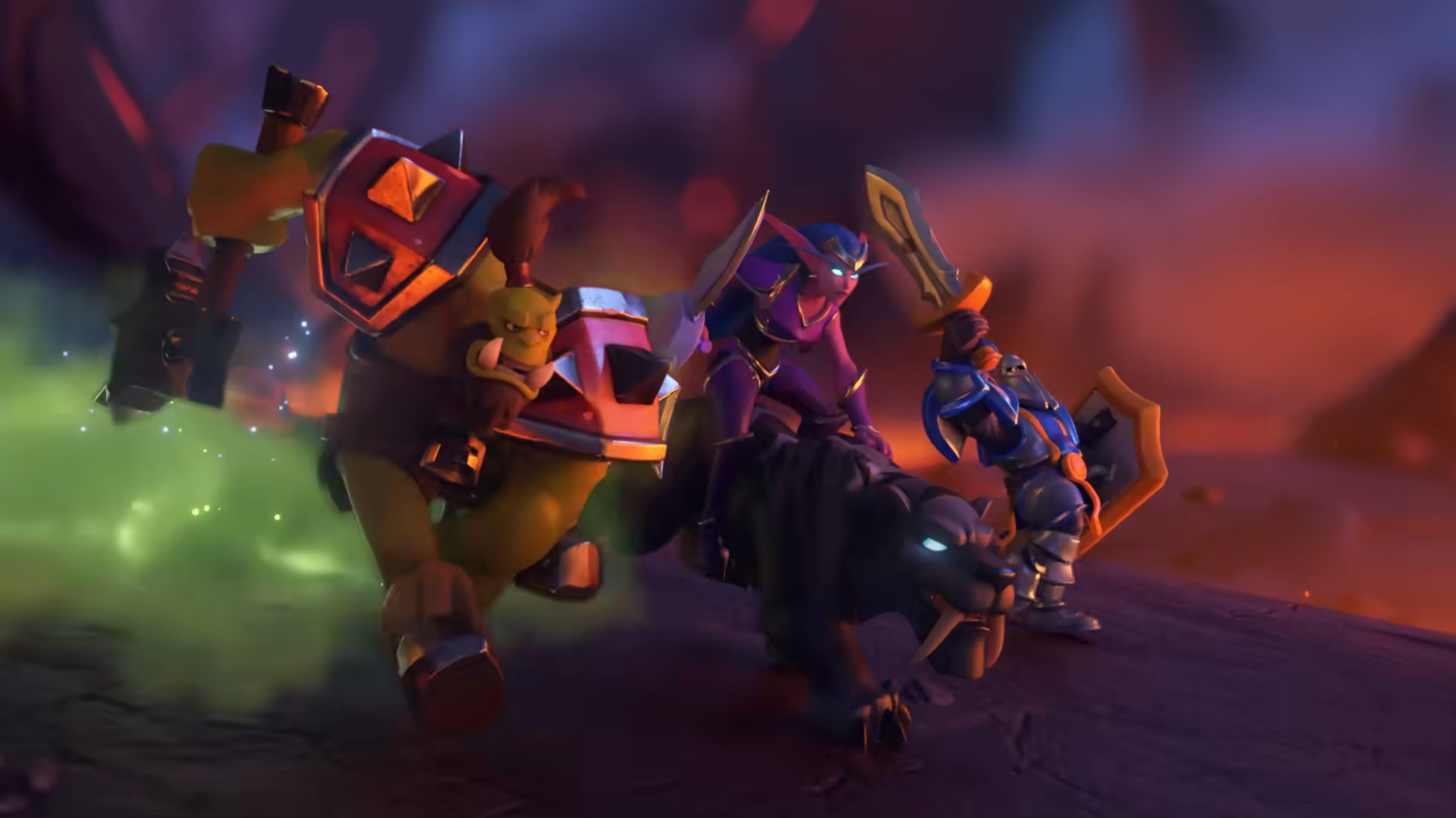 Three Warcraft Rumble characters runing down a hill with waepons on hand, one is rinding an animal while the others are on foot.