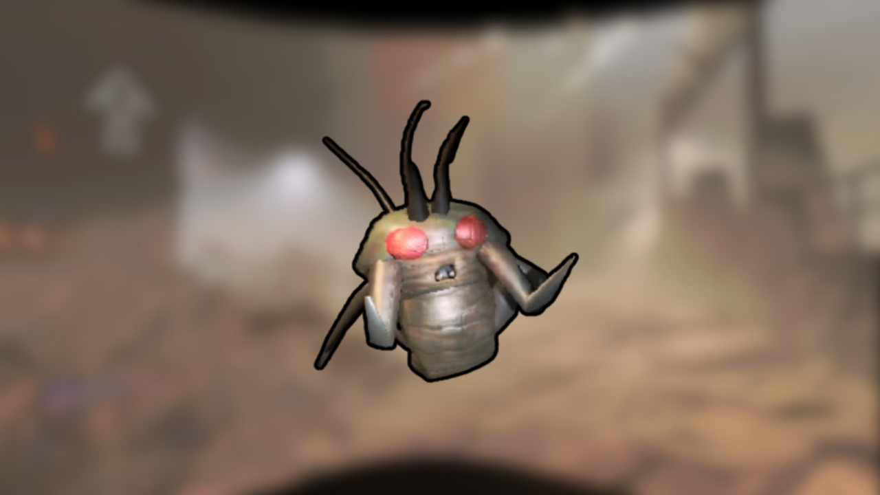 Lethal Company's Hoarding Bug shrugging on a blurry background.
