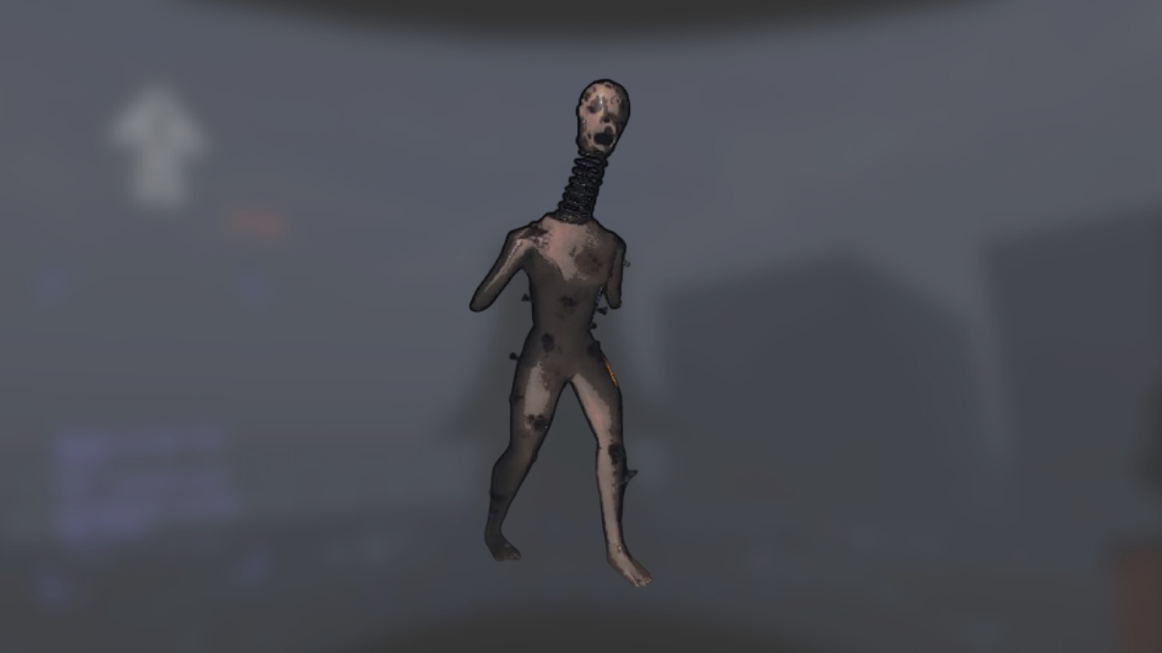 Lethal Company's Coil Head on a blurry picture of the Company moon.