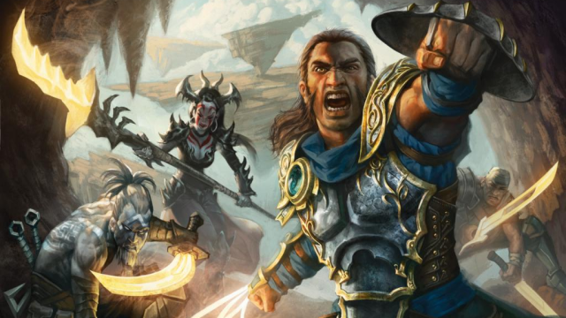 A warrior with a shield and glowing lash calls a charge as three warriors in the background prepare to lunge forwards.