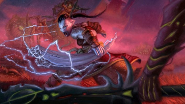 A woman in light armor holds a sword crackling with electricity in MtG.