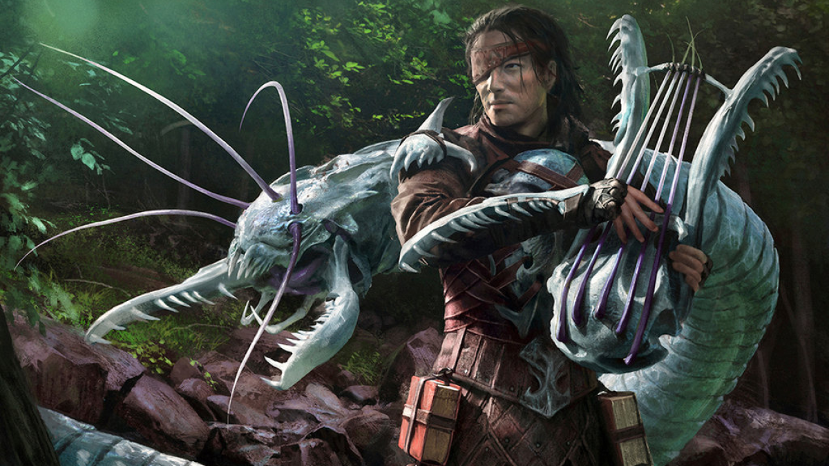 A man whose eye is covered with a headband looks to the left, lyre in hand, in MtG. A large insect stands behind him.