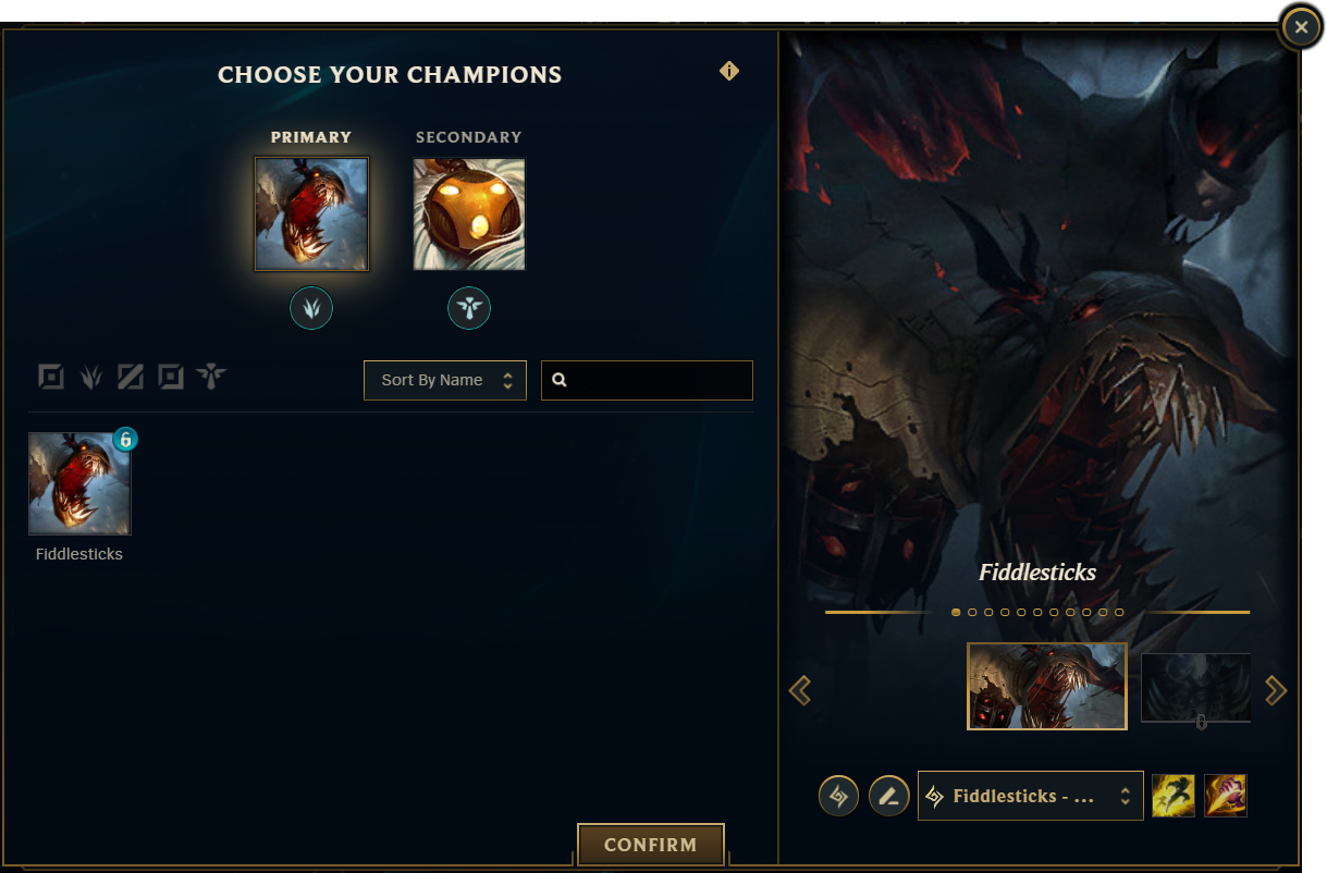 The League of Legends Quick Play champion and role select lobby