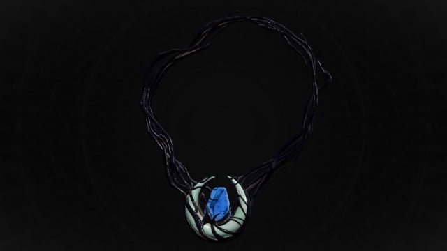 A circular blue stone on a chain sits on a black background in Remnant 2.