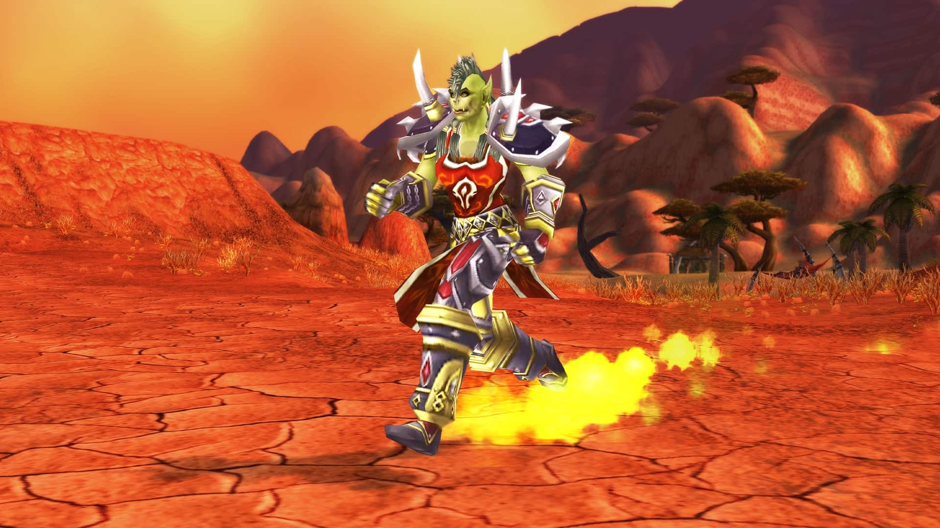 an orc sprinting through the dessert in world of warcraft