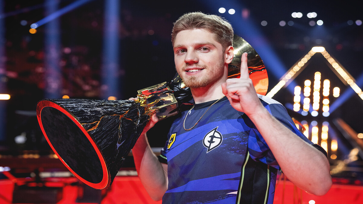 Max "Demon1" Mazanov of Evil Geniuses poses with the VALORANT Champions Los Angeles Trophy after victory at the Grand Finals at the Kia Forum on August 26, 2023 in Los Angeles, California.