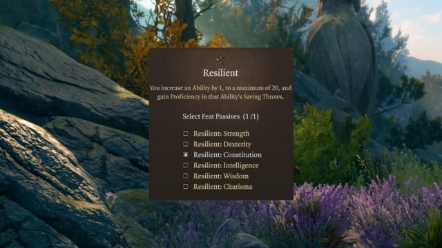 The description for the Resilient feat in Baldur's Gate 3, set on a lush background of the BG3 level-up screen.