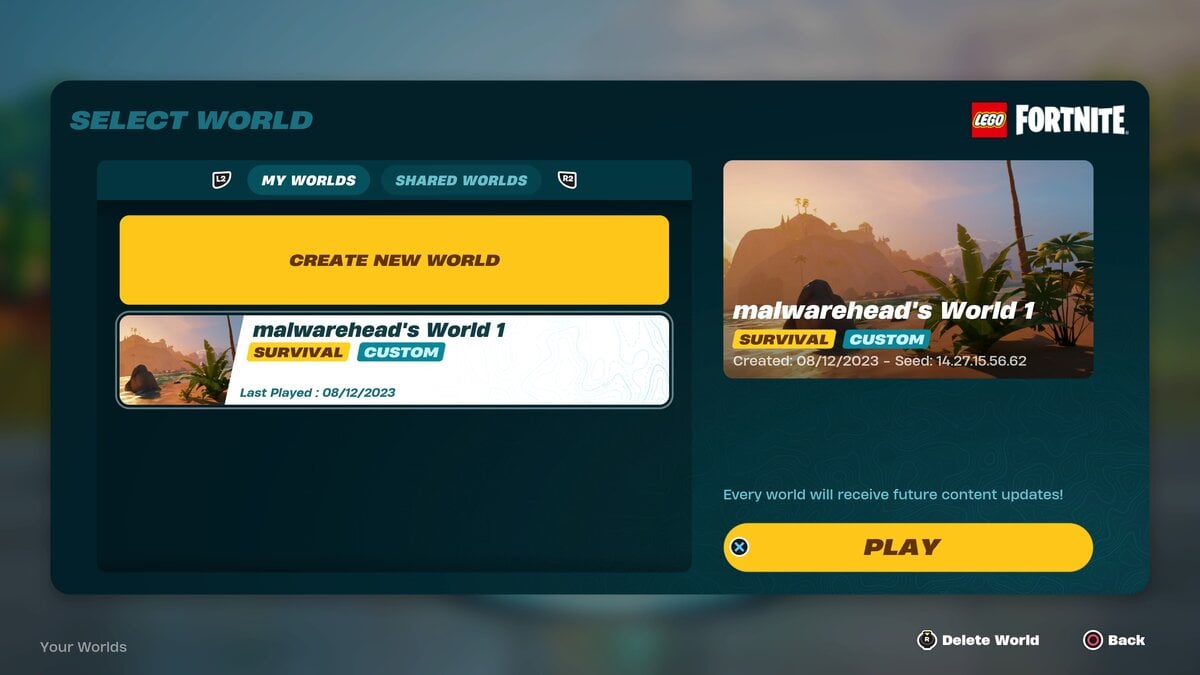 Select and create world screen in LEGO Fortnite