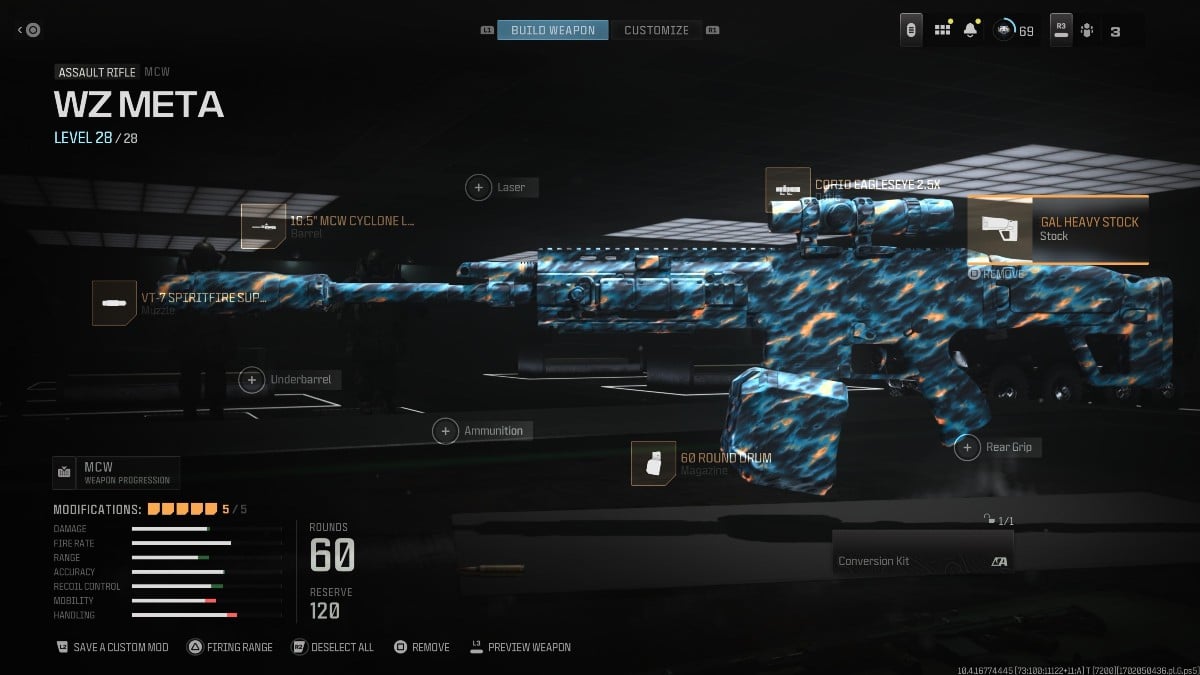 The MCW screen in MW3, showing the gun in a blue camo.