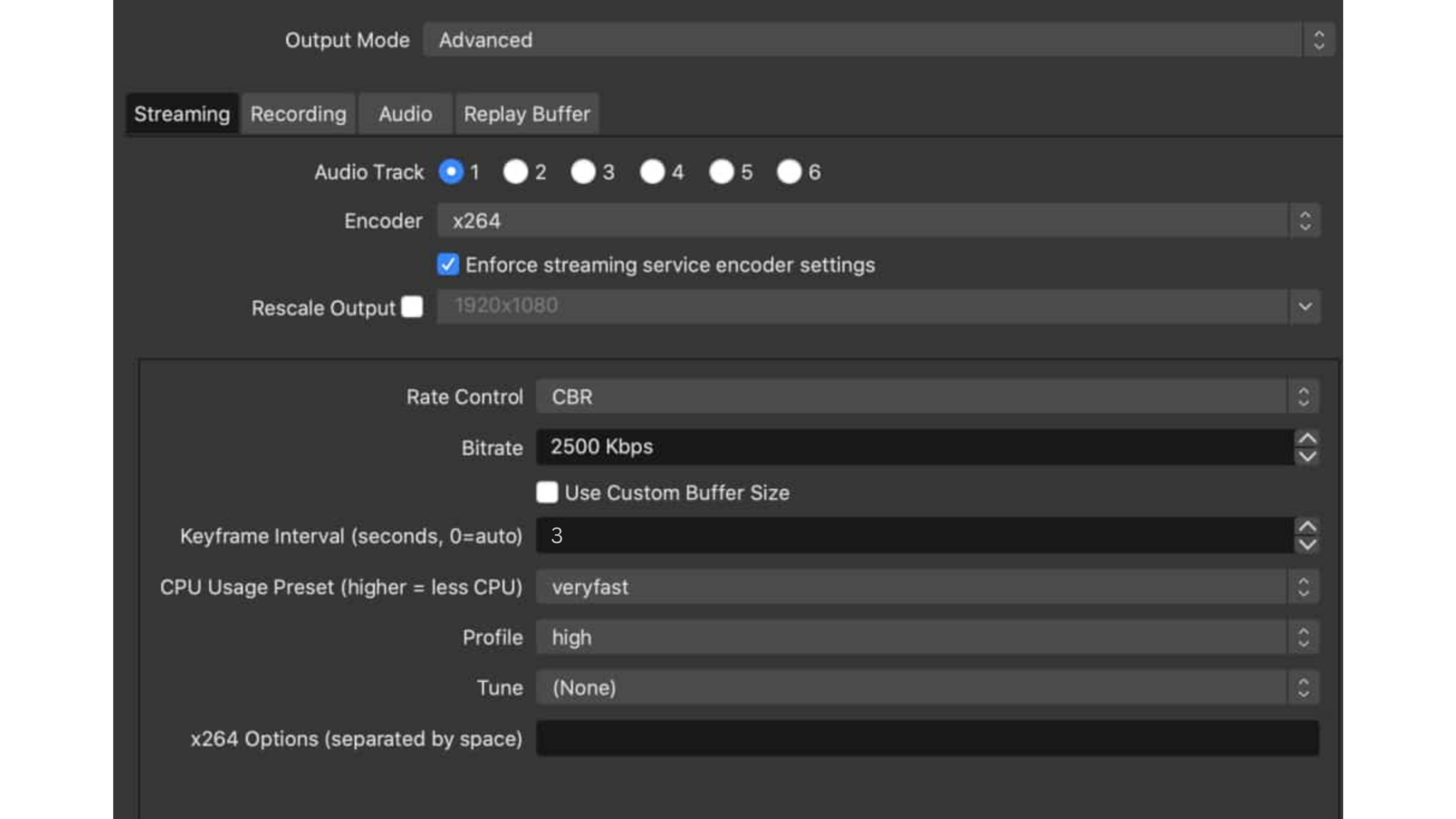 bitrate settings screen in OBS