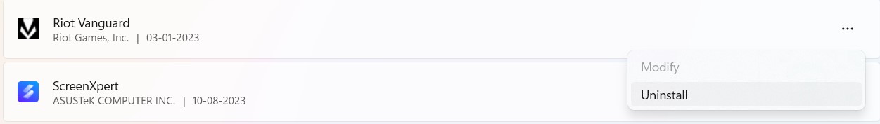 Riot Vanguard in the list of Apps and programs in Windows settings