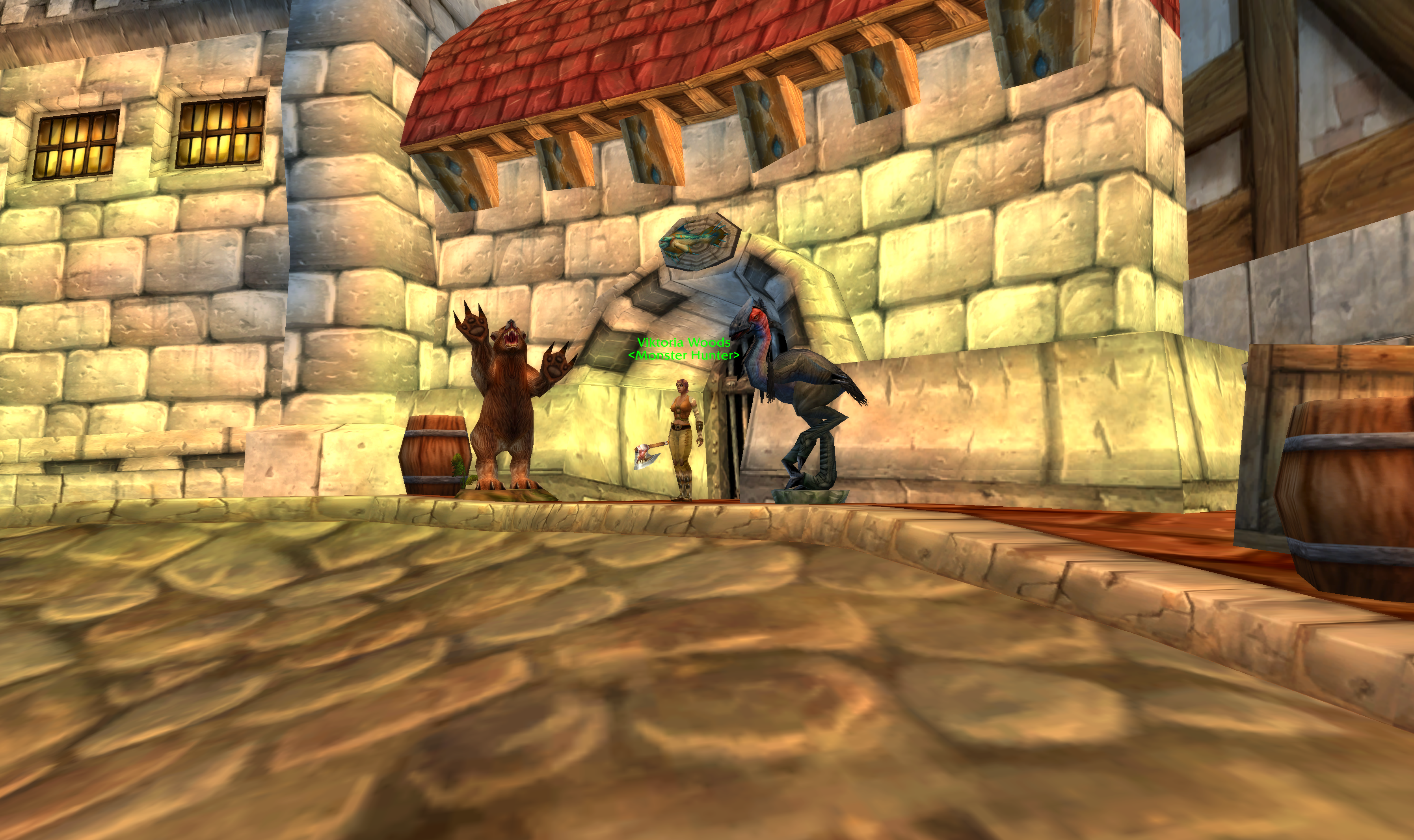 Viktoria Woods standing between two trophies in Old Town in WoW Classic