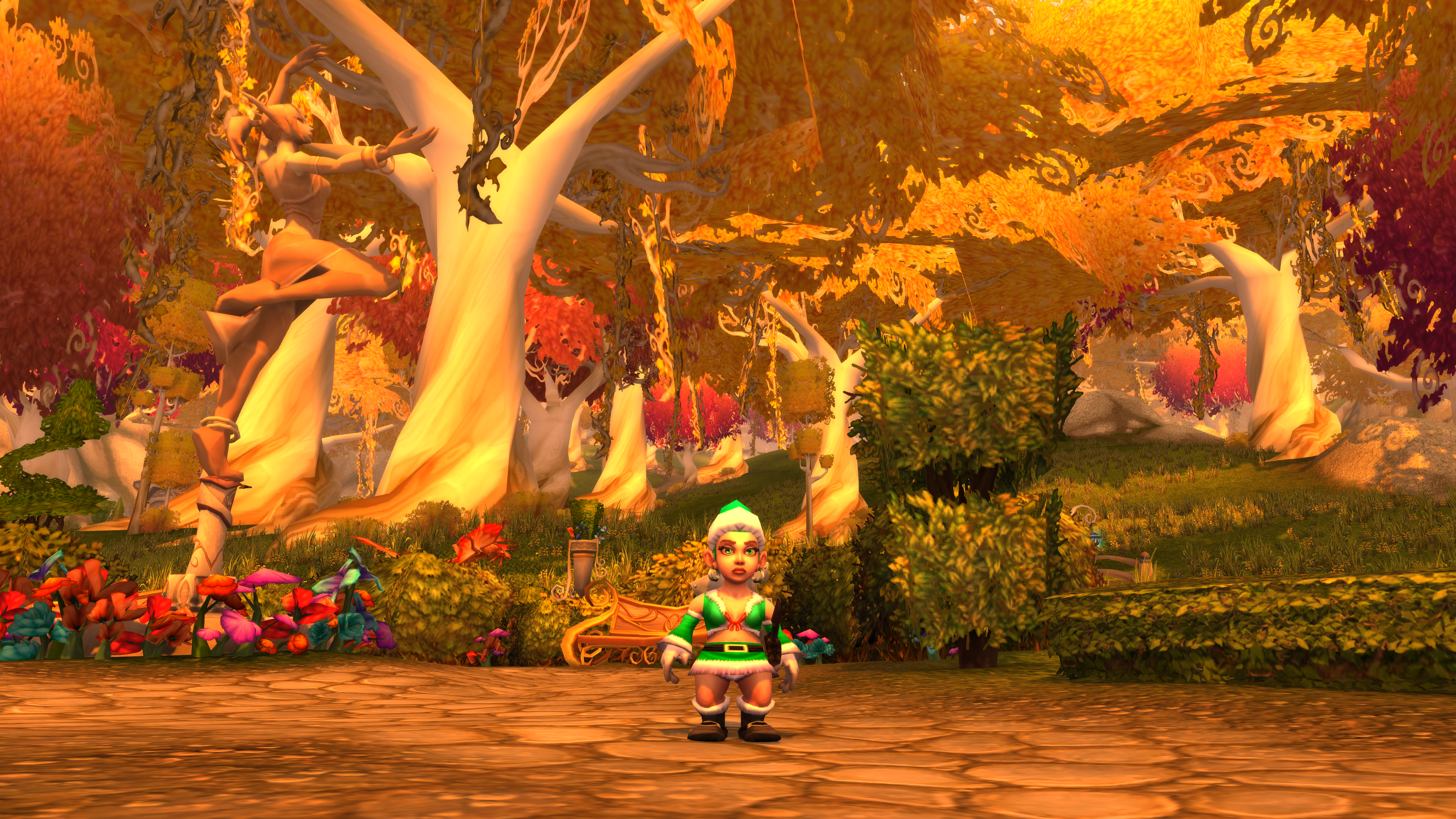 A gnome in the Eversong Woods in World of Warcraft, dressed in winter attire