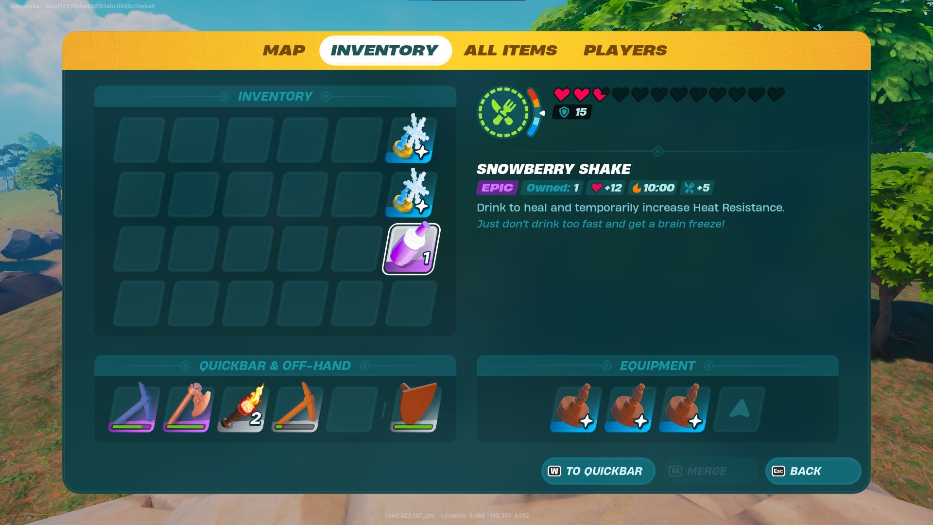 The Snowberry Shake item description in LEGO Fortnite.