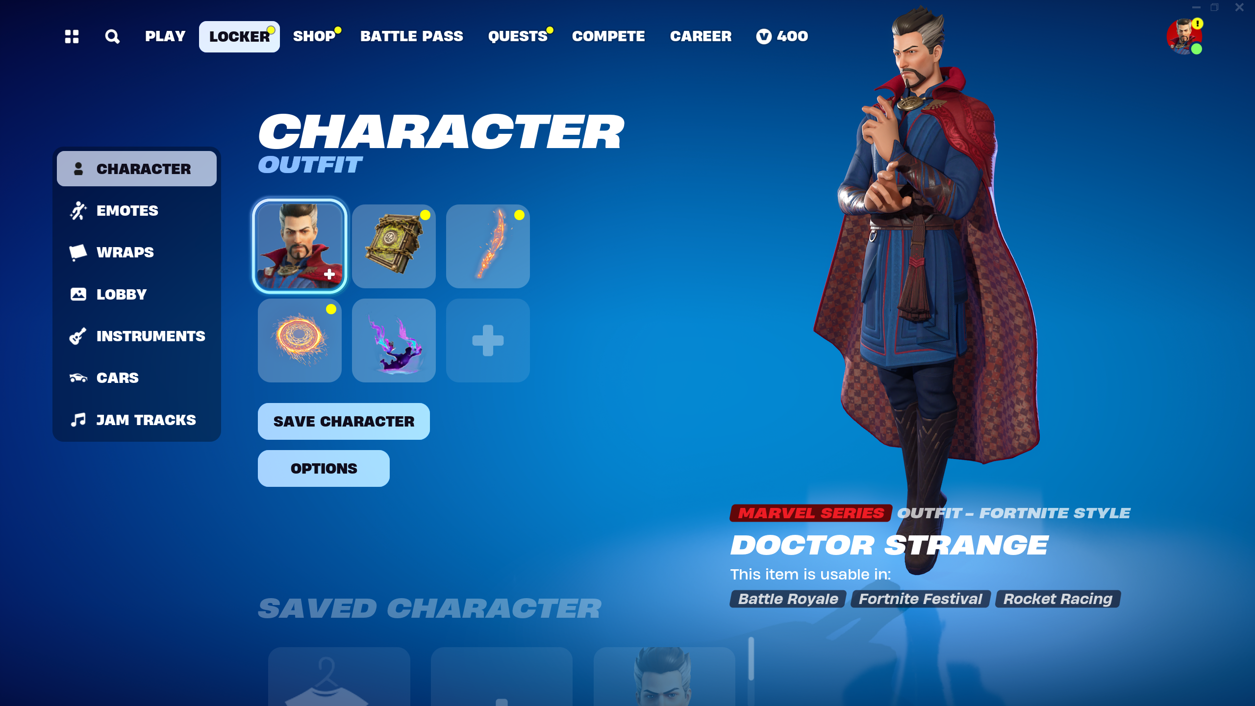 A Fortnite Locker screen featuring a Dr. Strange skin.