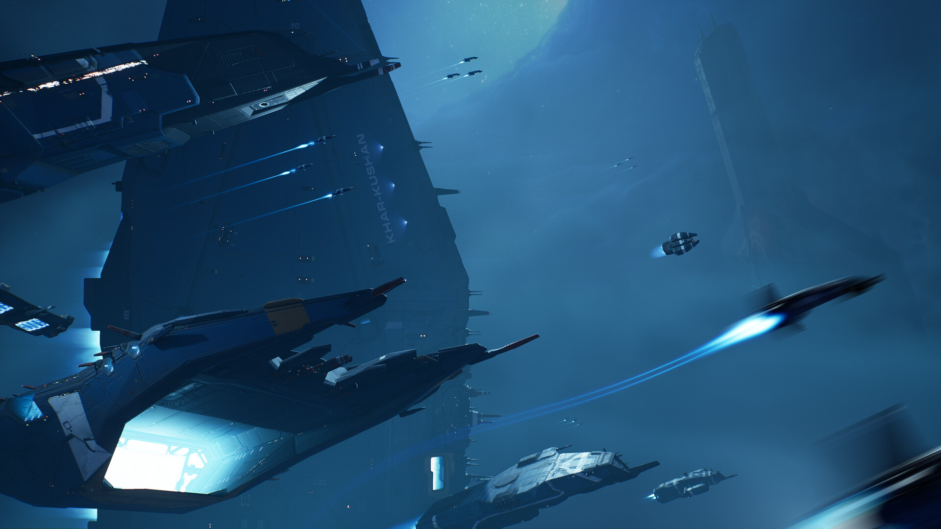 Many ships flying from left to right in Homeworld 3