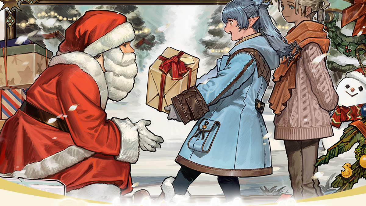 Santa giving presents to girls.