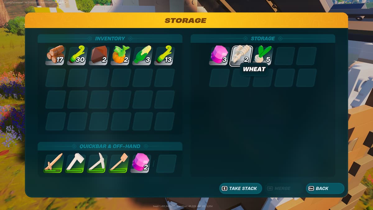 A chest containing two wheat in LEGO Fortnite