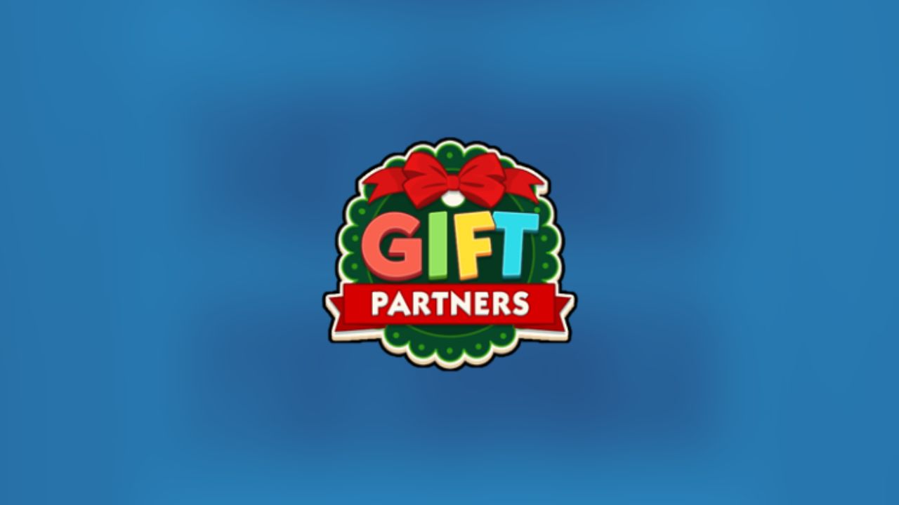 Monopoly GO's Gift Partners event logo on a blue background.