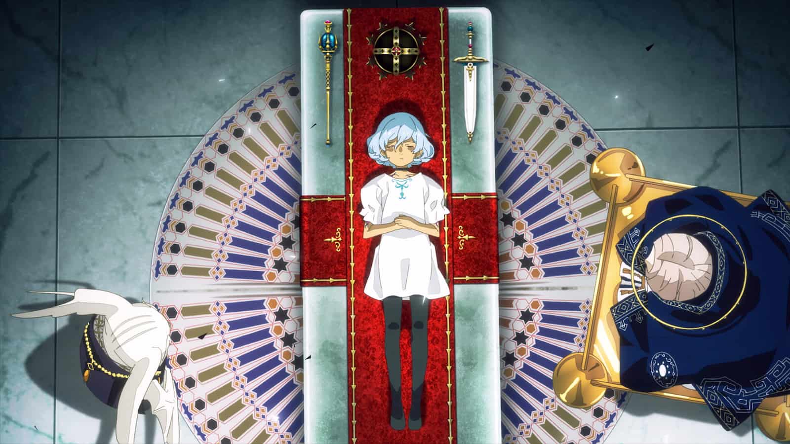 A girl lies on a altar, she has a sword and scepter by her head and people watching over her