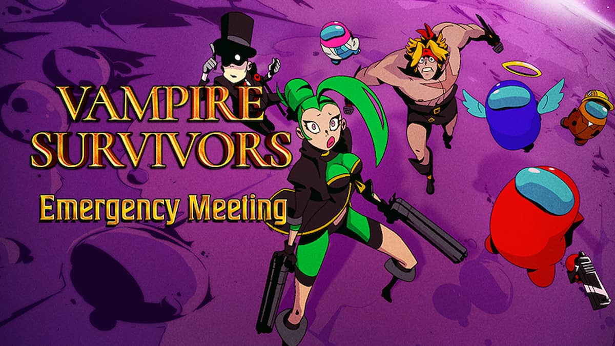Vampire Survivors characters and Among Us crewmates over a purple background.