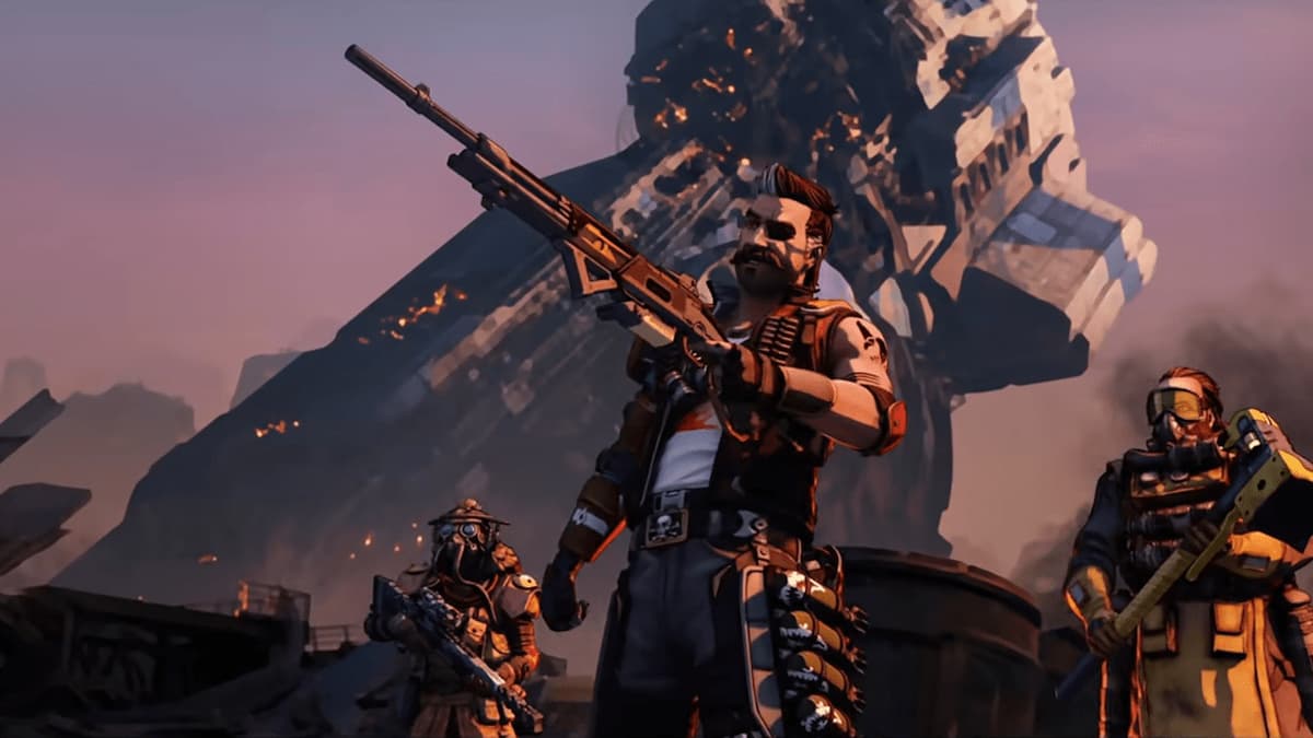 Fuse aims the 30-30 Repeater forwards while Bloodhound and Caustic watch.