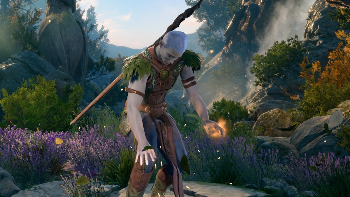 A Drow man channels leaves from the ground in the character creation screen of BG3.