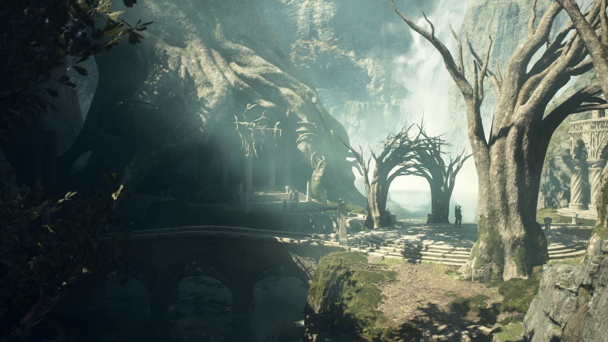A promotional image from Capcom showcasing a beautiful mystic exterior in Dragon's Dogma 2.``
