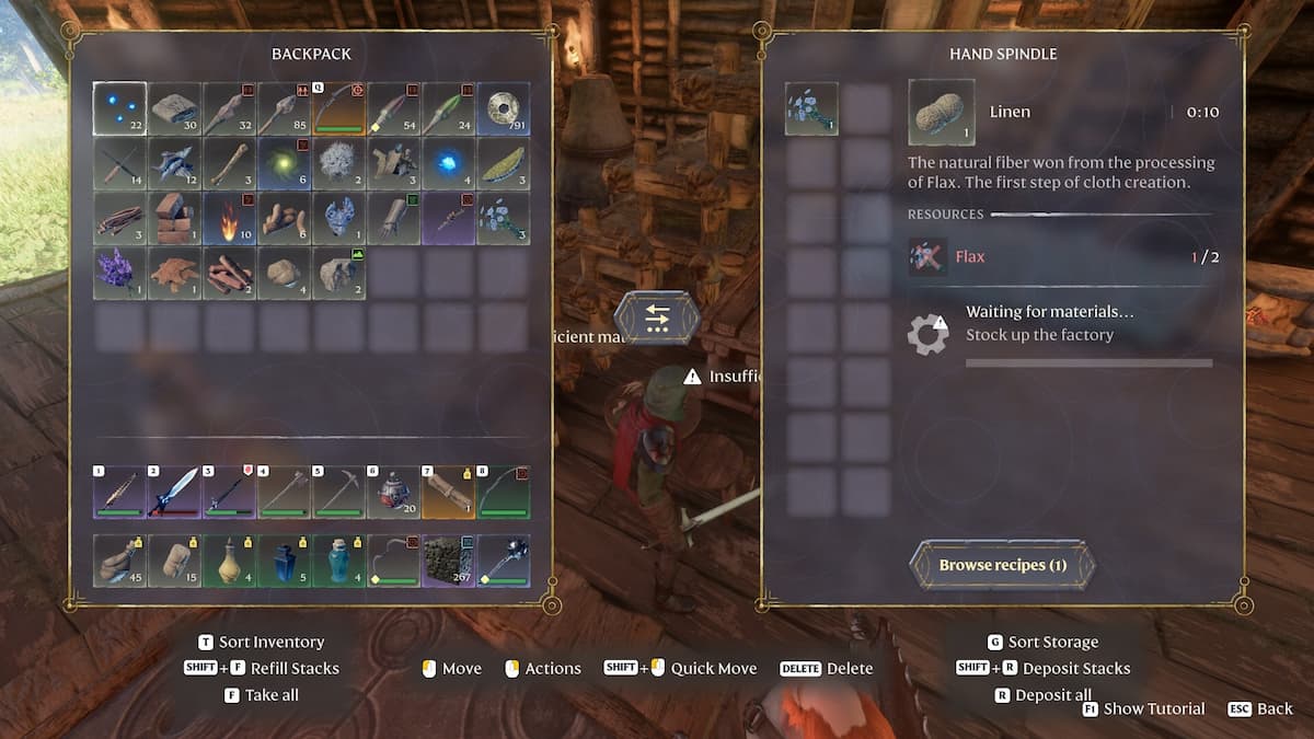 This screenshot from Enshrouded shows readers the player using the Hand Spindle to make slot Linen