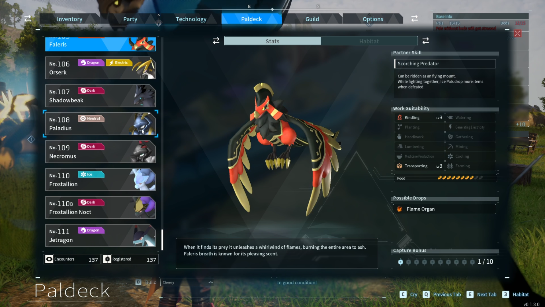 Faleris' Paldeck page in Palworld.