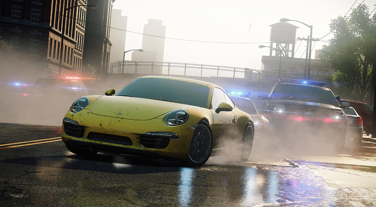 A yellow Porsche drives away from a swarm of police cars with their lights flashing.