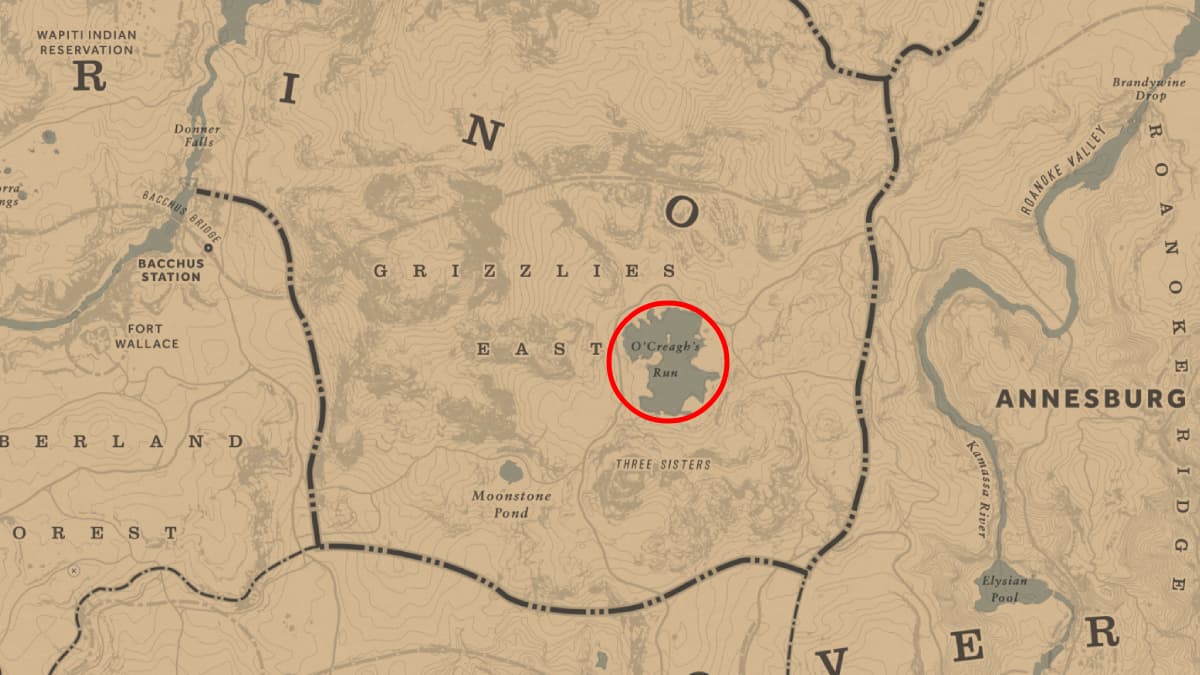 O'Creagh's Run circled on the RDR2 map