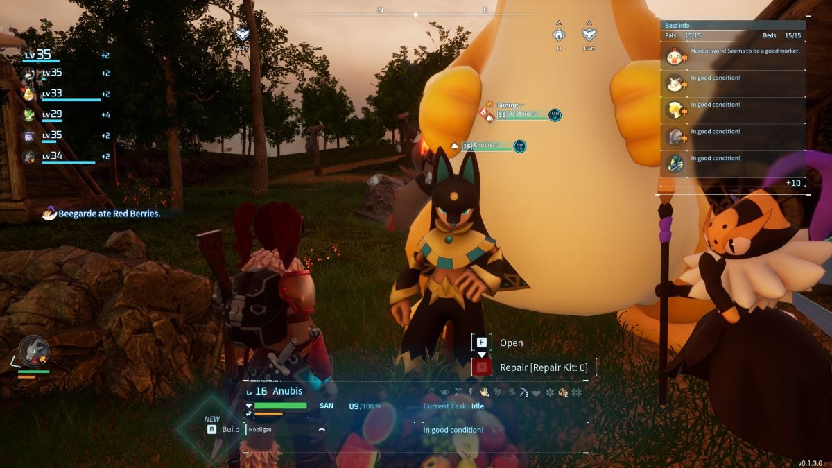 A screenshot of a player facing Anubis in a Palworld base.