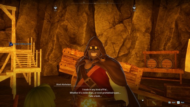 A Black Marketeer talks to a Pal Trainer in Palworld, blankly saying that they'll purchase nearly anything.