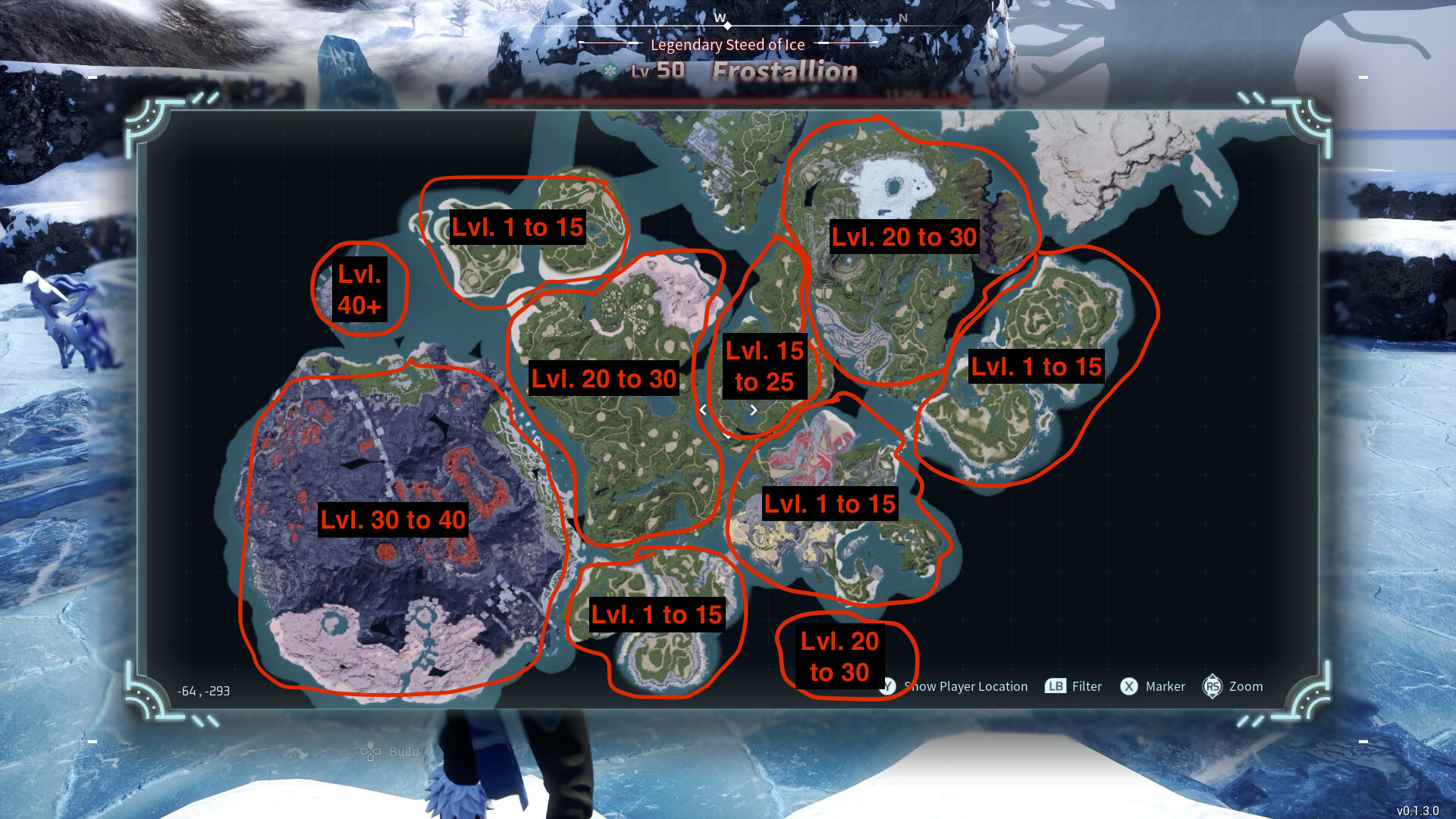 An outlined map of Palworld's southern areas with level recommendations.