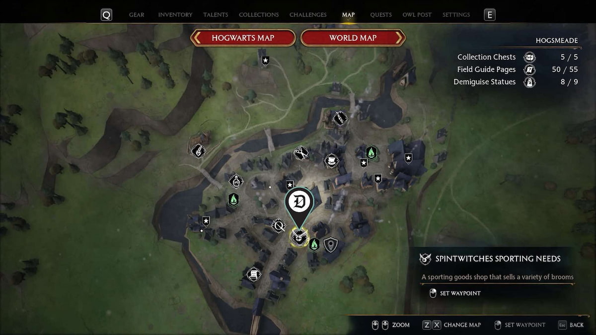 Spintwitches Sporting Needs marked on a map in Hogsmeade in Hogwarts Legacy.