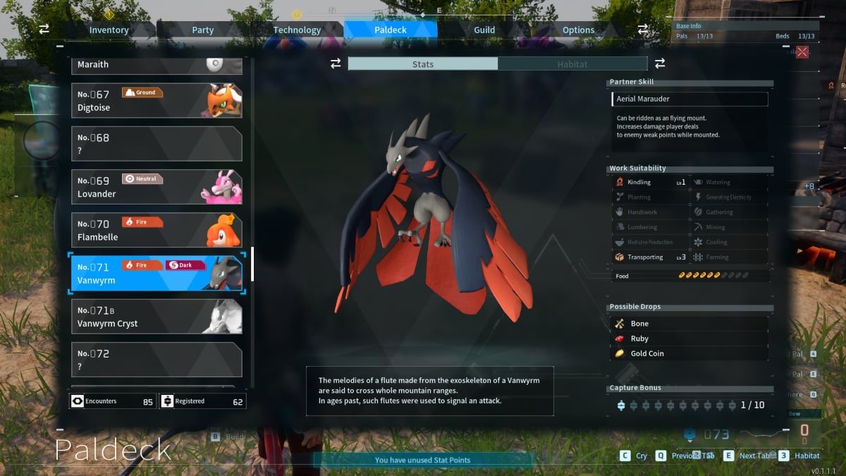 Vanwyrm's Paldeck page in Palworld.