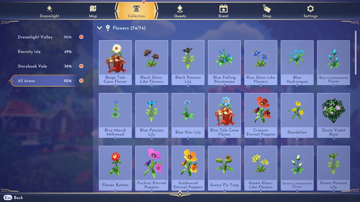 The flowers collection page in Disney Dreamlight Valley.