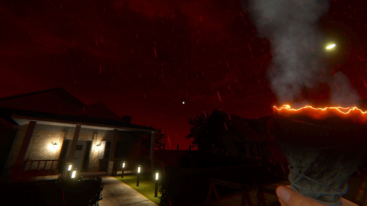 Burning Tier II incense outside a house under a red sky in Phasmophobia.