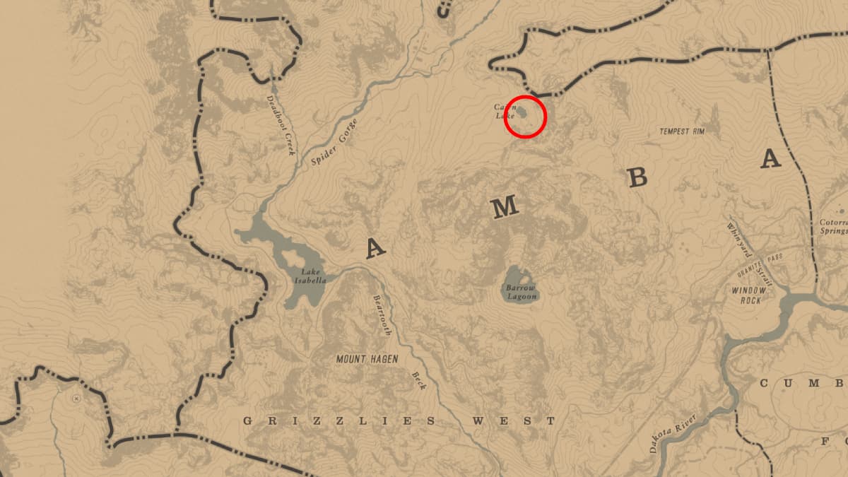 Cairn Lake circled on the RDR2 map