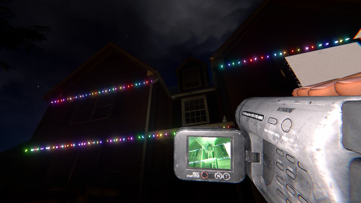 A player holding a camera while standing outside of 42 Edgefield Road in Phasmophobia.