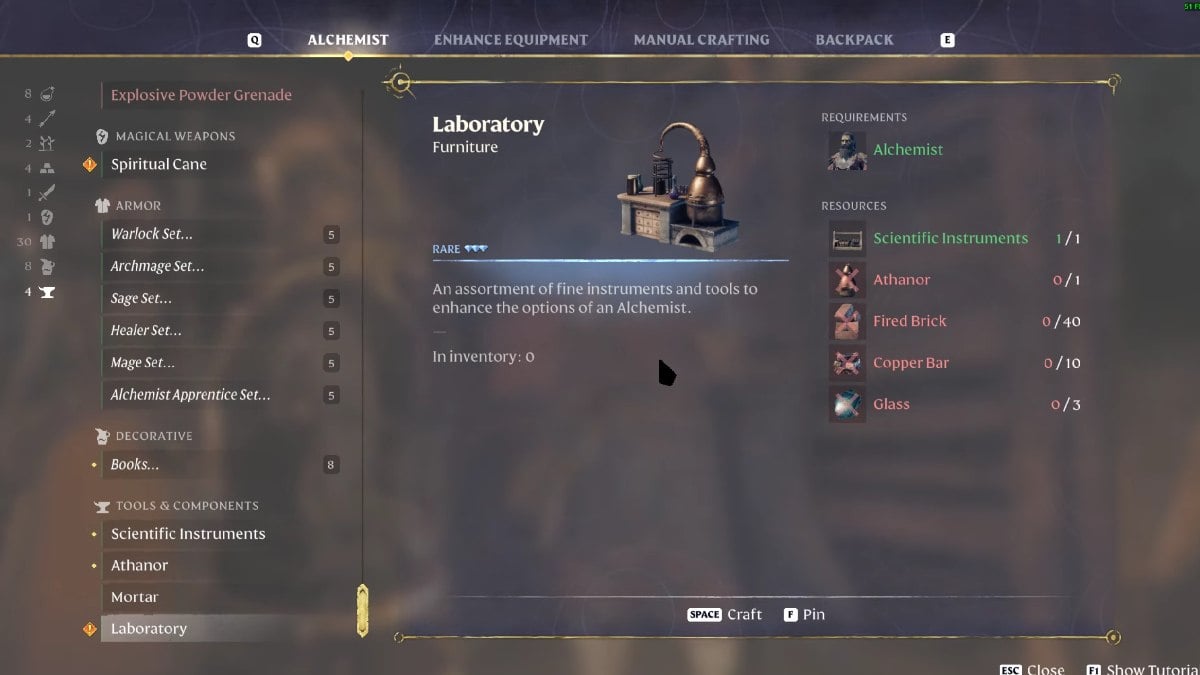 Enshrouded screenshot shows crafting a Laboratory furniture piece and all the materials needed