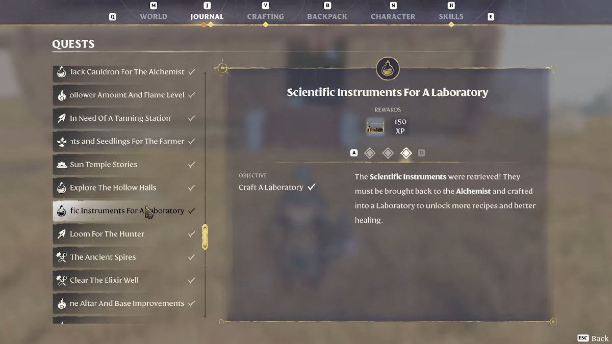 Enshrouded scientific instruments for a laboratory quest log and rewards
