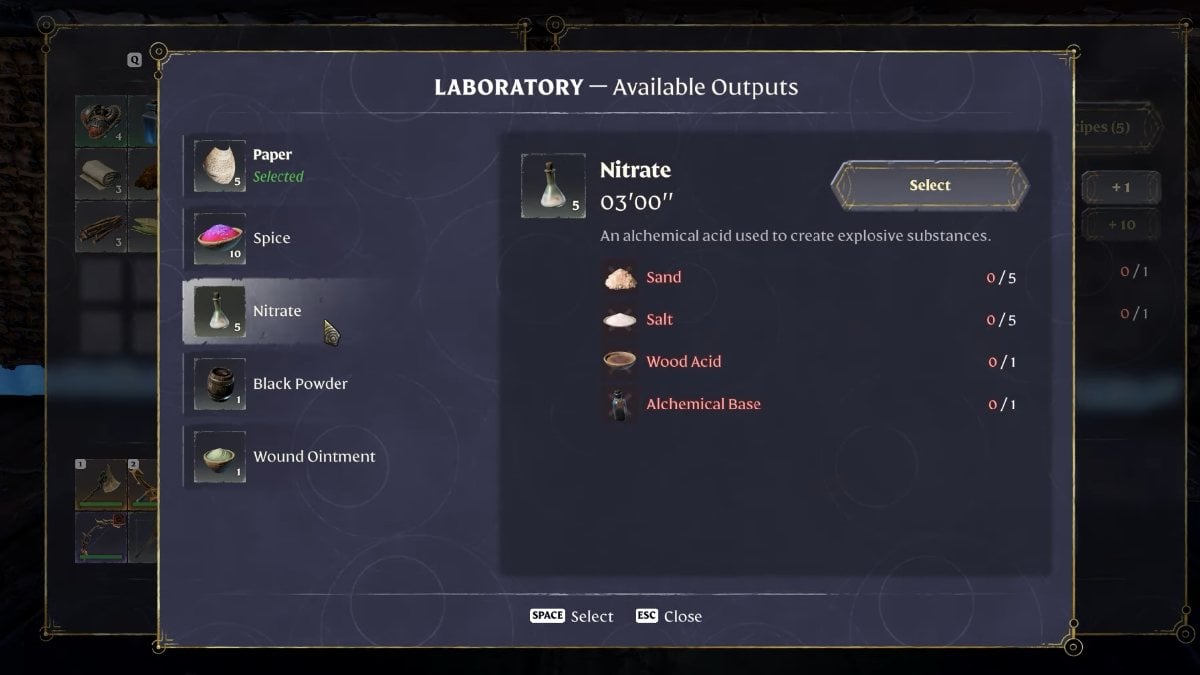 Enshrouded crafting Nitrate at laboratory recipe and materials