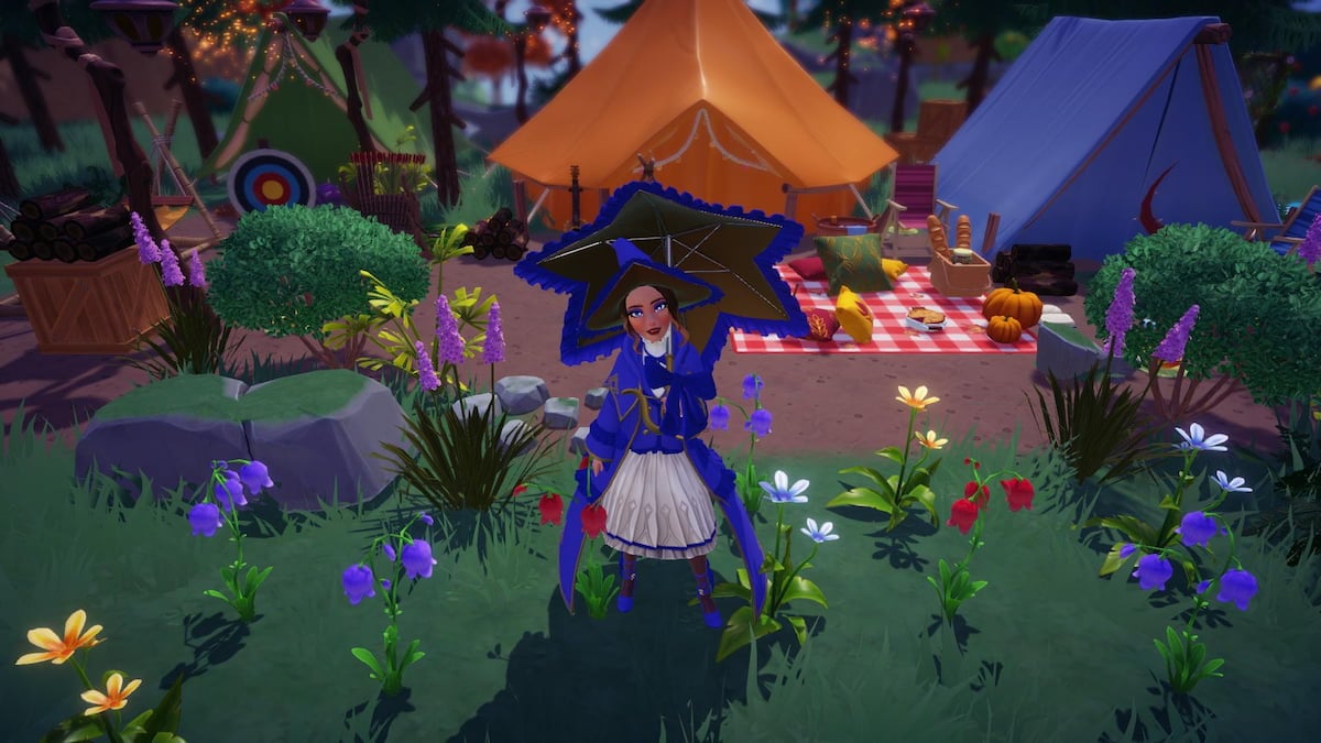 A player wearing a purple witch outfit holding an umbrella while standing by many flowers in the Forest of Valor in Disney Dreamlight Valley.