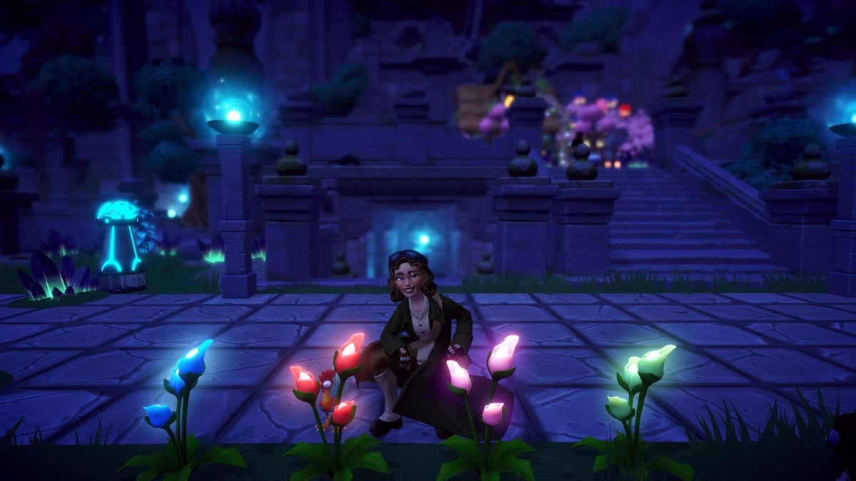 Kneeling by some glowing flowers in Disney Dreamlight Valley.