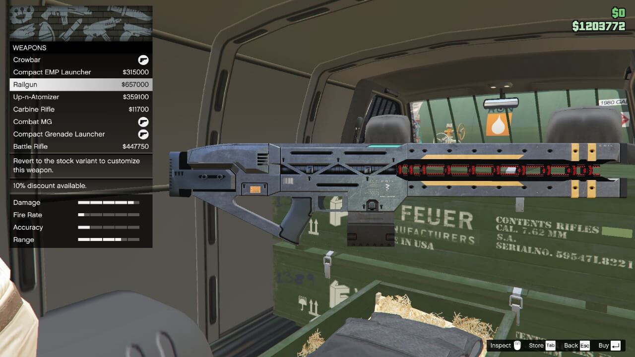 n-game screenshot from GTA 5 showing a Railgun available for purchase inside the Gun Van.