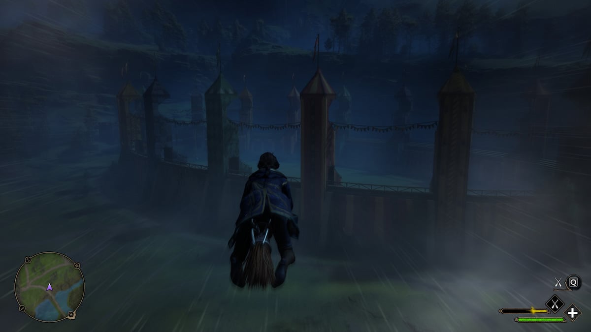 The player on a broom flying toward the Quidditch Pitch in Hogwarts Legacy.
